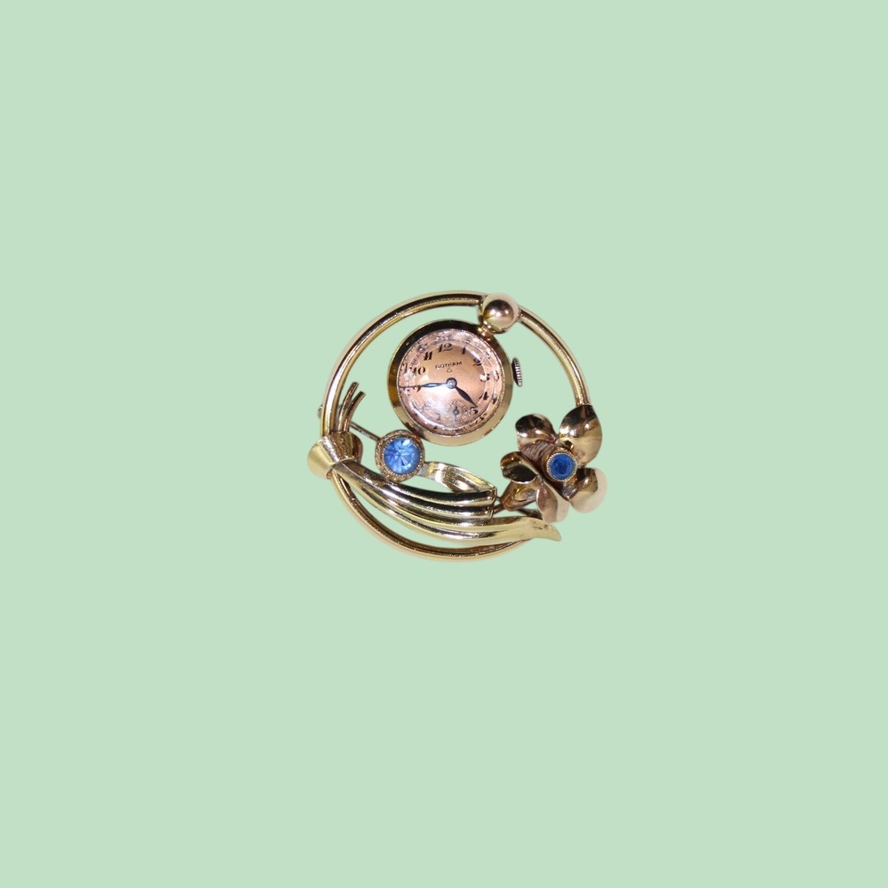 Vintage 1940s Gotham Watch Brooch Pin 12K Gold Filled Blue Gem Floral Timepiece